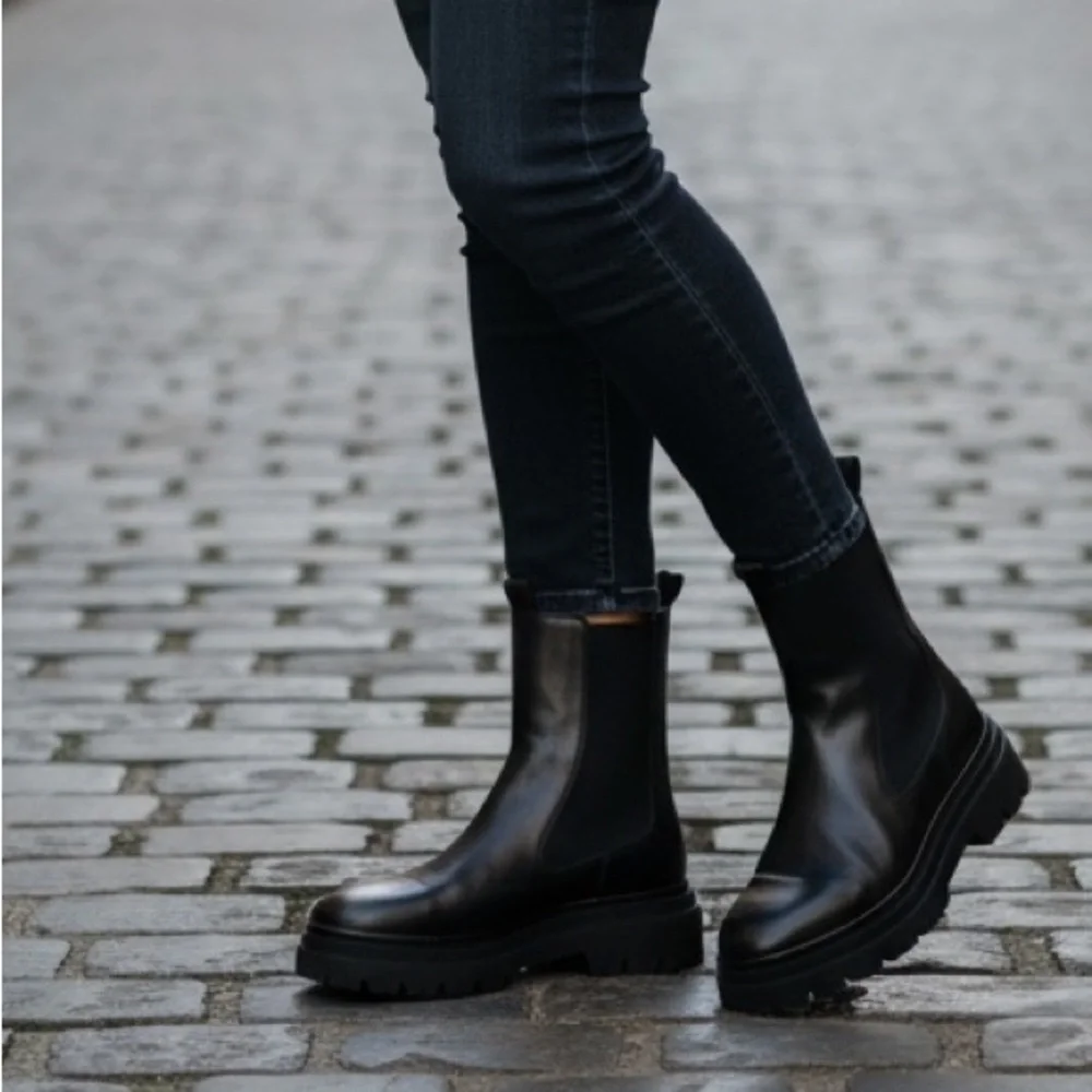 Zara Leather Lug Chunky Heel Black Boots Size 40